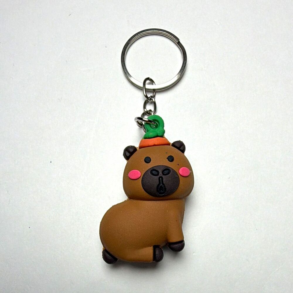 Brown Capybara Bear Animal Keychain Carrot Top Plastic Charm Keyring